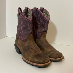 Dan Post Sqaure Toe Cowboy Cowgirl Boots Brown Pink Accents Kids 2D